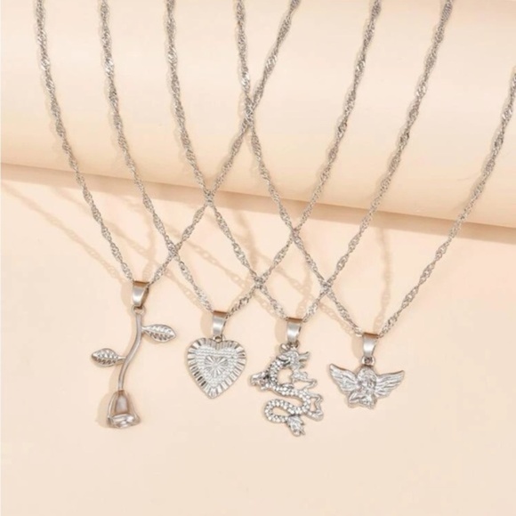 Silver 3/$30 Rose Angel Heart & Snake Charm 4pc Necklace Set - Picture 1 of 3